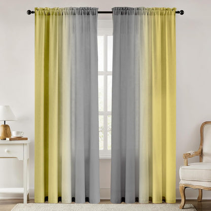 Yellow and Grayish Curtains for Living Room 84 Inch Length Ombre Curtains 2 Panel Bedroom Yellow and Grey Curtains Rod Pocket Light Filtering Window Curtain Modern Gradient Drapes