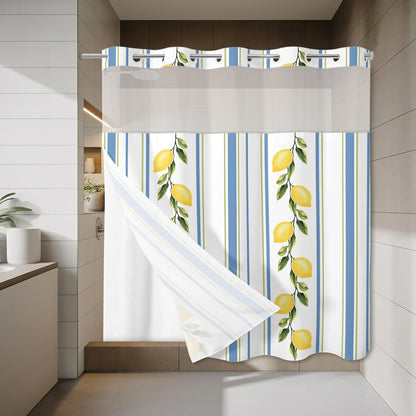 QueenKer Lemon Striped Shower Curtains Set Yellow Fruit Blue White No Hook Shower Curtains with Snap in Liner 72" x 72" Waterproof Fabric See Through Top Sheer Window for Bathroom Shower Room