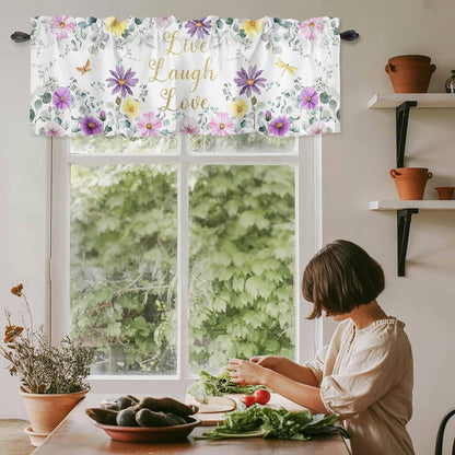 Prime Leader Purple Yellow Flowers Valances Curtain for Windows Spring Floral Eucalyptus Leaf Laugh Love Live Valance Rod Pocket Short Curtains for Kitchen Bathroom Living Room Bedroom, 42" W x 12" L