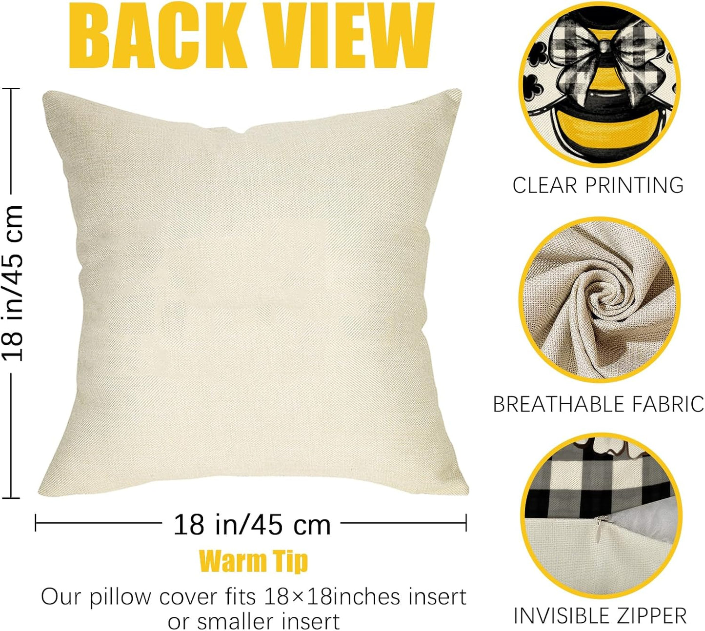 Spring Summer Honey Bee Kind Decorative Throw Pillow Covers 18 x 18 Set of 4, Yellow Bumble Bee Sweet As Can Bee Our Guest Outdoor Pillowcase, Buffalo Plaid Farmhouse Cushion Case Home Decor
