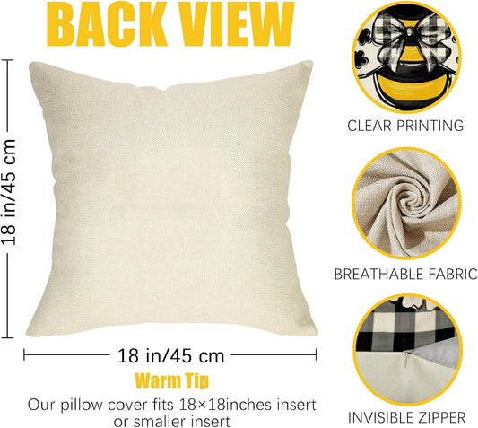Spring Summer Honey Bee Kind Decorative Throw Pillow Covers 18 x 18 Set of 4, Yellow Bumble Bee Sweet As Can Bee Our Guest Outdoor Pillowcase, Buffalo Plaid Farmhouse Cushion Case Home Decor