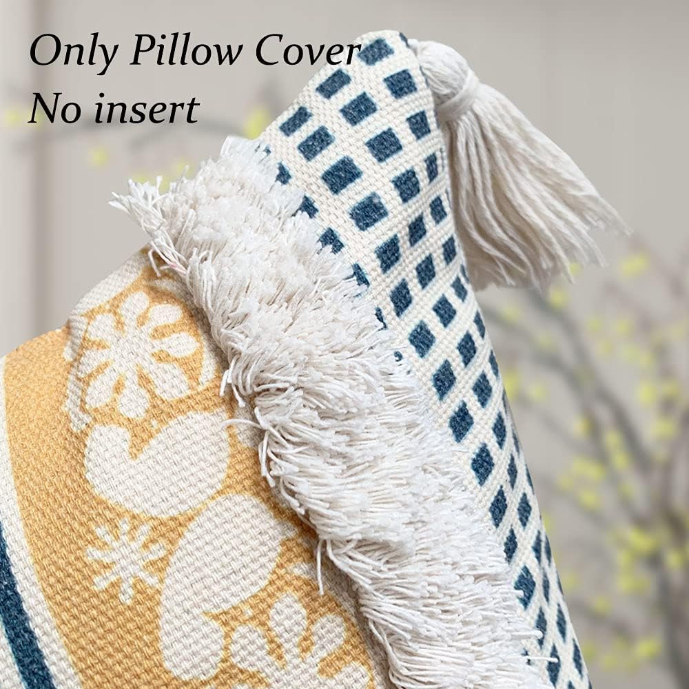 Lumber Boho Throw Pillow Cover for Couch Sofa - Cotton Hand-Woven Tufted Moroccan Decorative Pillowcase with Tassels for Farmhouse Living Room Bedroom Car Hotel - Yellow 12 x 20 Inches