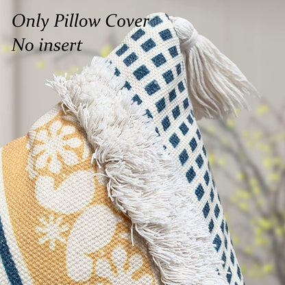 Lumber Boho Throw Pillow Cover for Couch Sofa - Cotton Hand-Woven Tufted Moroccan Decorative Pillowcase with Tassels for Farmhouse Living Room Bedroom Car Hotel - Yellow 12 x 20 Inches