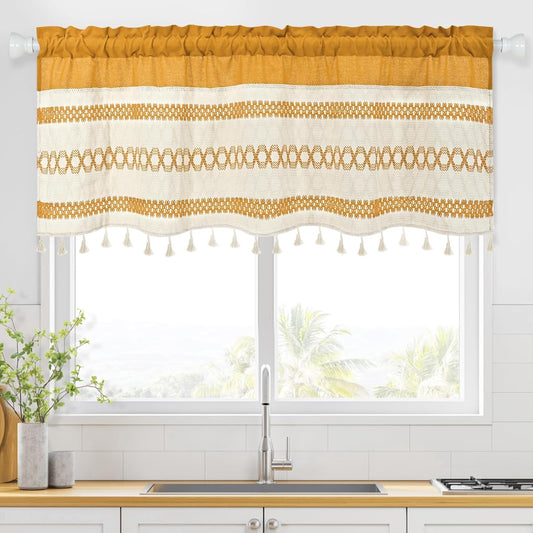 FRAMICS Farmhouse Linen Valance for Windows Boho Crochet Short Curtain with Tassel Country Yellow Valance for Kitchen Light Filtering Rod Pocket Window Treatment for Bathroom, 1 Panel, 52" W x 18" L