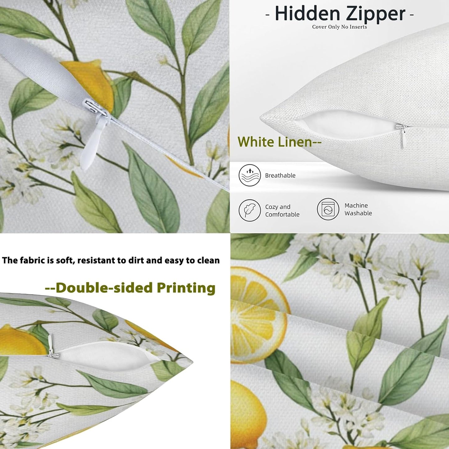 Spring Summer Lemons Throw Pillow Covers 18x18Inch Set of 2, Double-Side Print Decorative Pillowcases for Couch, Bedroom, Living Room (WL-DP-LS-Lemons, 18X18Inch)