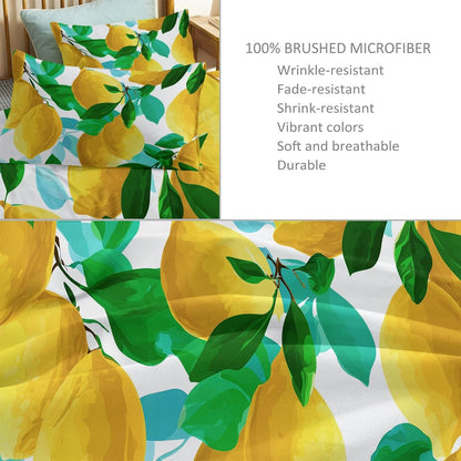 Kids Duvet Cover Set Cartoon Fruit Lemon Leaf Bedding Set for Boys Teens Adults, Yellow Comforter Cover Bedroom Collection 3Pcs Full Size (80 X 90 in)