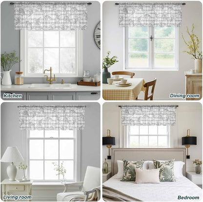Hand Painted Sheer Curtain 18 Inch Long Summer Lemon Flowers Grey Plaid Light Filtering Rod Pocket Voile Curtain Valance for Bedroom Kitchen Cafe Window 54" W x 18" L