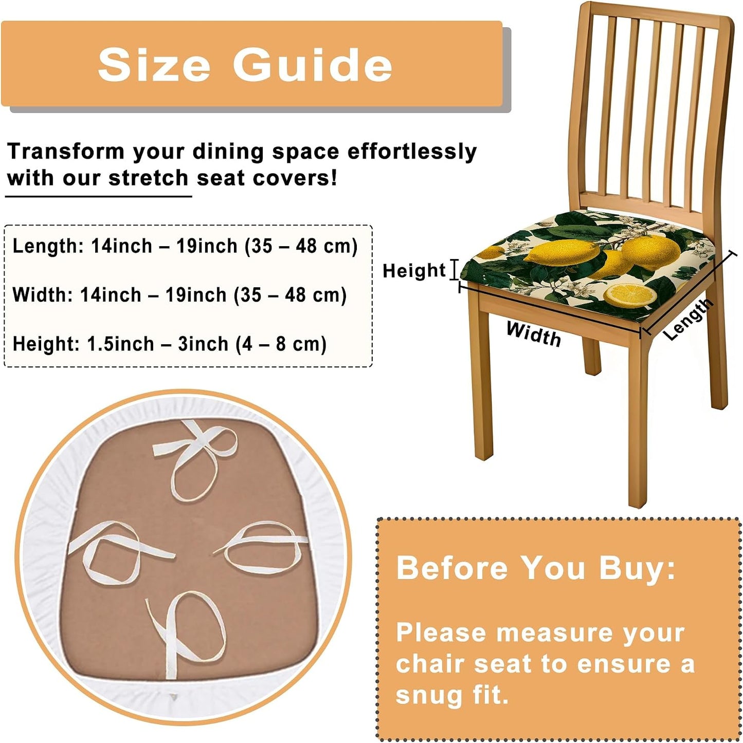Lemon Floral Chair Seat Covers, Stretch Removable Spandex Cushion Covers, Stylish Decorative Slipcovers for Kitchen Dining Room Decor 4PCS