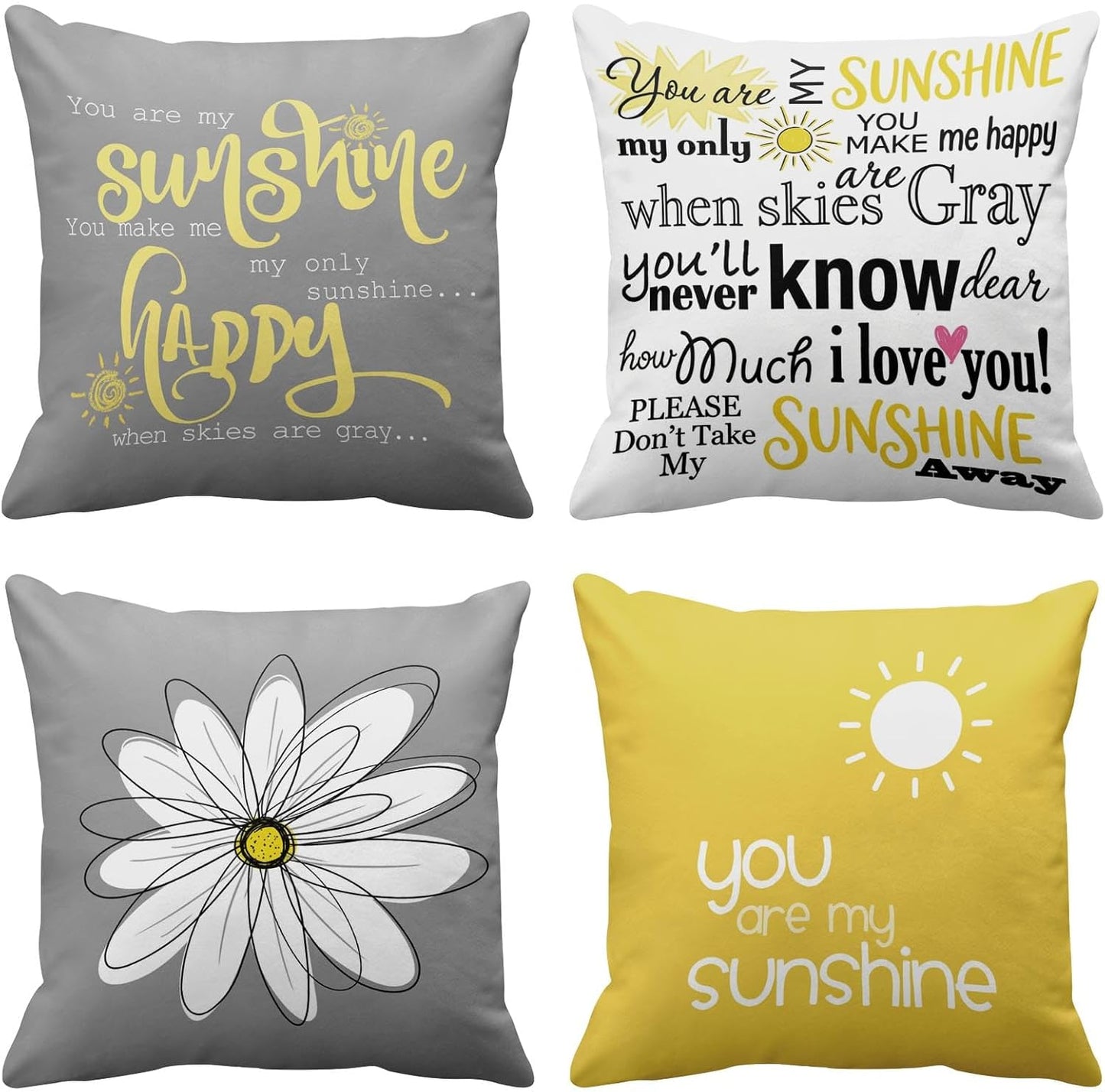 Emvency Set of 4 Throw Pillow Covers You are My Sunshine Yellow Gray with Words Decorative Pillow Cases Home Decor Square 18x18 Inches Pillowcases
