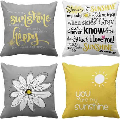 Emvency Set of 4 Throw Pillow Covers You are My Sunshine Yellow Gray with Words Decorative Pillow Cases Home Decor Square 18x18 Inches Pillowcases