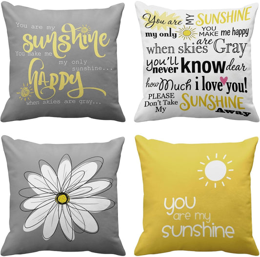 Emvency Set of 4 Throw Pillow Covers You are My Sunshine Yellow Gray with Words Decorative Pillow Cases Home Decor Square 18x18 Inches Pillowcases