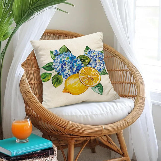 Spring Summer Lemon Pillow Covers Blue Hydrangea 18 x 18 Inch Throw Pillows, Hello Sunshine Decorative Farmhouse Cushion Case for Sofa Couch Set of 4