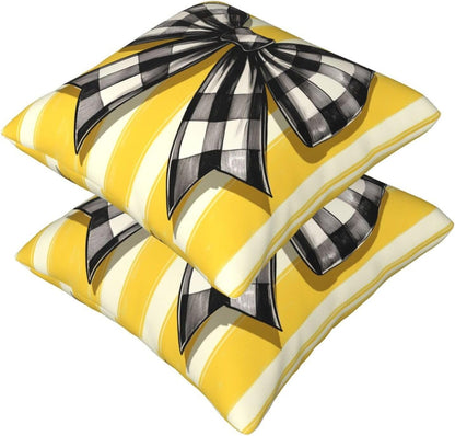 Black White Checkered Bow On Yellow Stripe Throw Pillows Covers, Couch Sofa Pillow Cases,Zipper Bedding Cushion Cases for Living Room,18x18 Inch