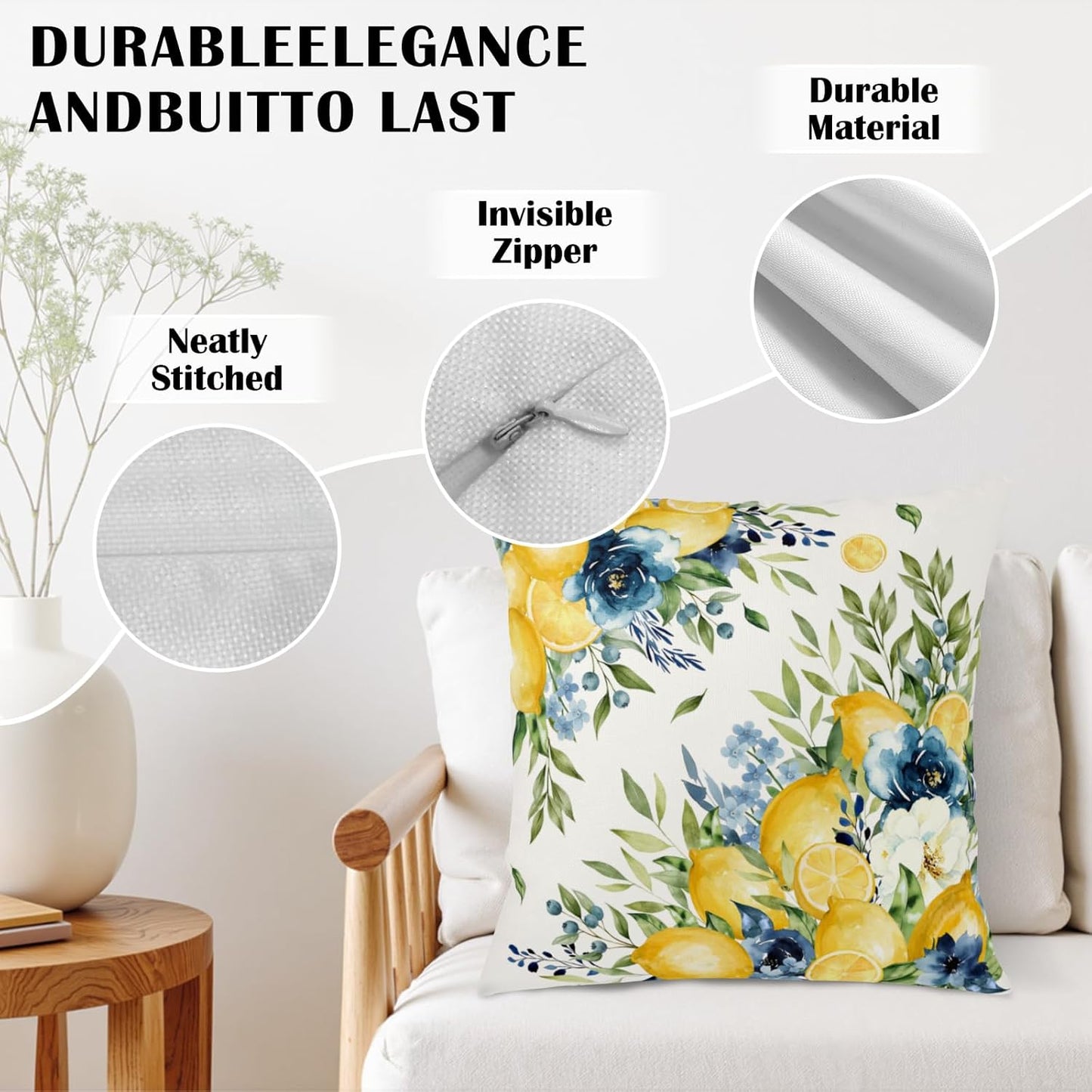 Summer Lemon Floral Pillow Covers 18x18 Set of 2 Yellow and Blue Lemons Fruit Flower Decorative Pillow Cases Spring Farmhouse Cushion Cover for Outdoor Sofa Couch Home Decor