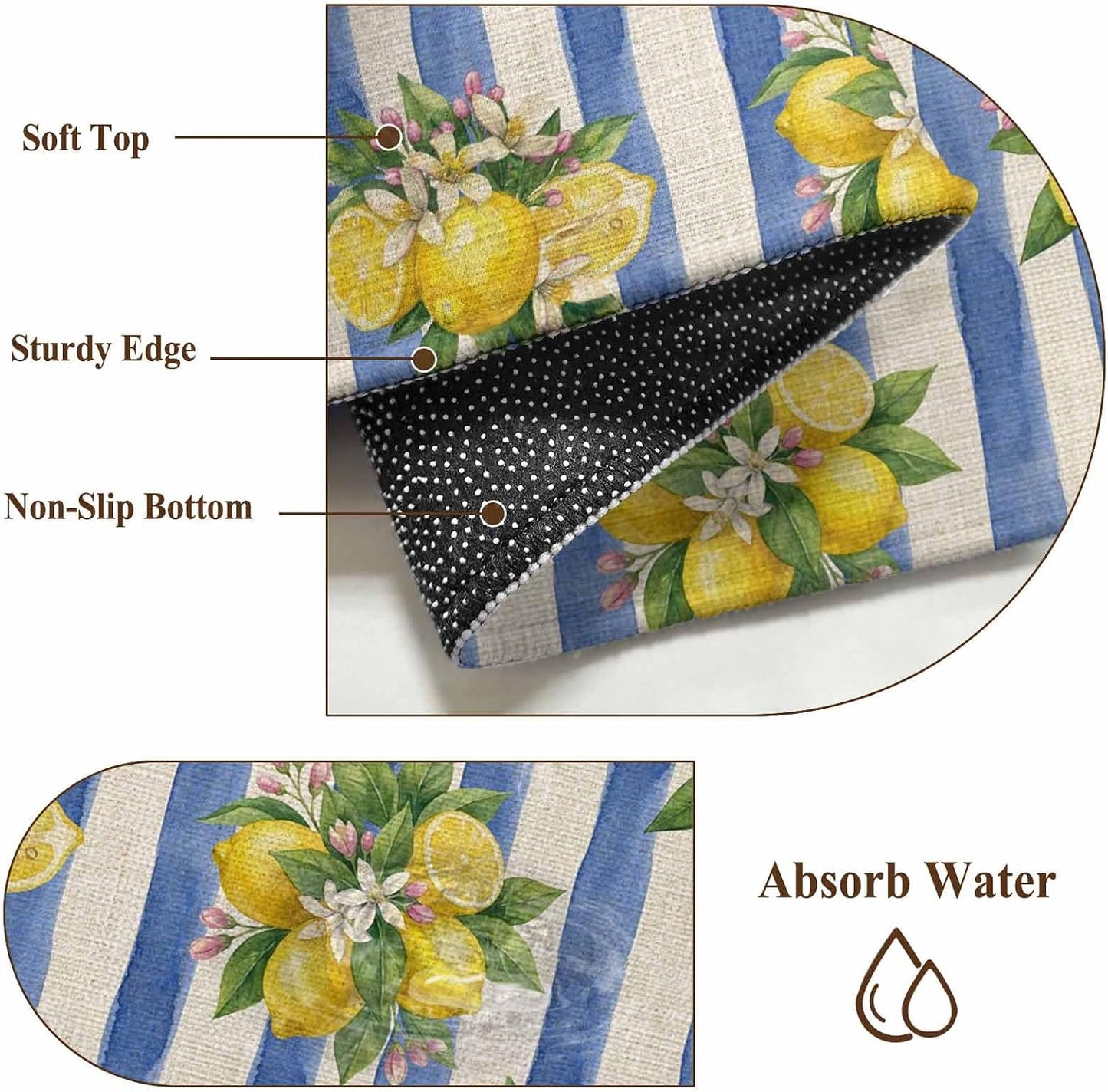 Summer Lemon Area Rug 3x5, Summer Lemon Floral Blue Stripes Linen Texture Non Slip Area Rugs for Living Room, Soft Floor Mat Washable Low Pile Carpet for Bedroom, Dining Room, Entryway