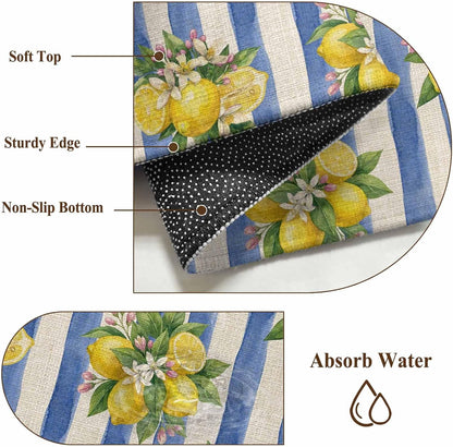 Summer Lemon Area Rug 3x5, Summer Lemon Floral Blue Stripes Linen Texture Non Slip Area Rugs for Living Room, Soft Floor Mat Washable Low Pile Carpet for Bedroom, Dining Room, Entryway
