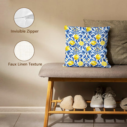 Blue Chinoiserie Lemon Pillow Cover 18x18, Lemon Gifts Decorative Pillow Cover for Couch Bed Living Room Bedroom, Rustic Italian Mediterranean Room Decor