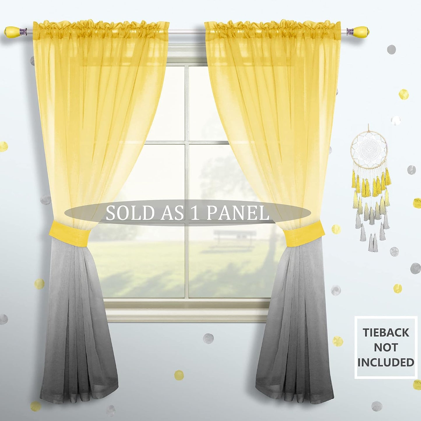 Mrs.Naturall Yellow Sheer Curtains 84 Inches Long for Living Room, Summer Ombre Patterned Voile Curtains for Bedroom Dining Room, Bright Yellow and Grey Gray