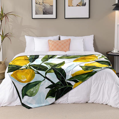 Lemon Throw Blanket, Yellow Fruits Green Leaves Pattern, Decorative Blankets Fuzzy Gifts for Sofa Couch Bedroom (40" x 30")