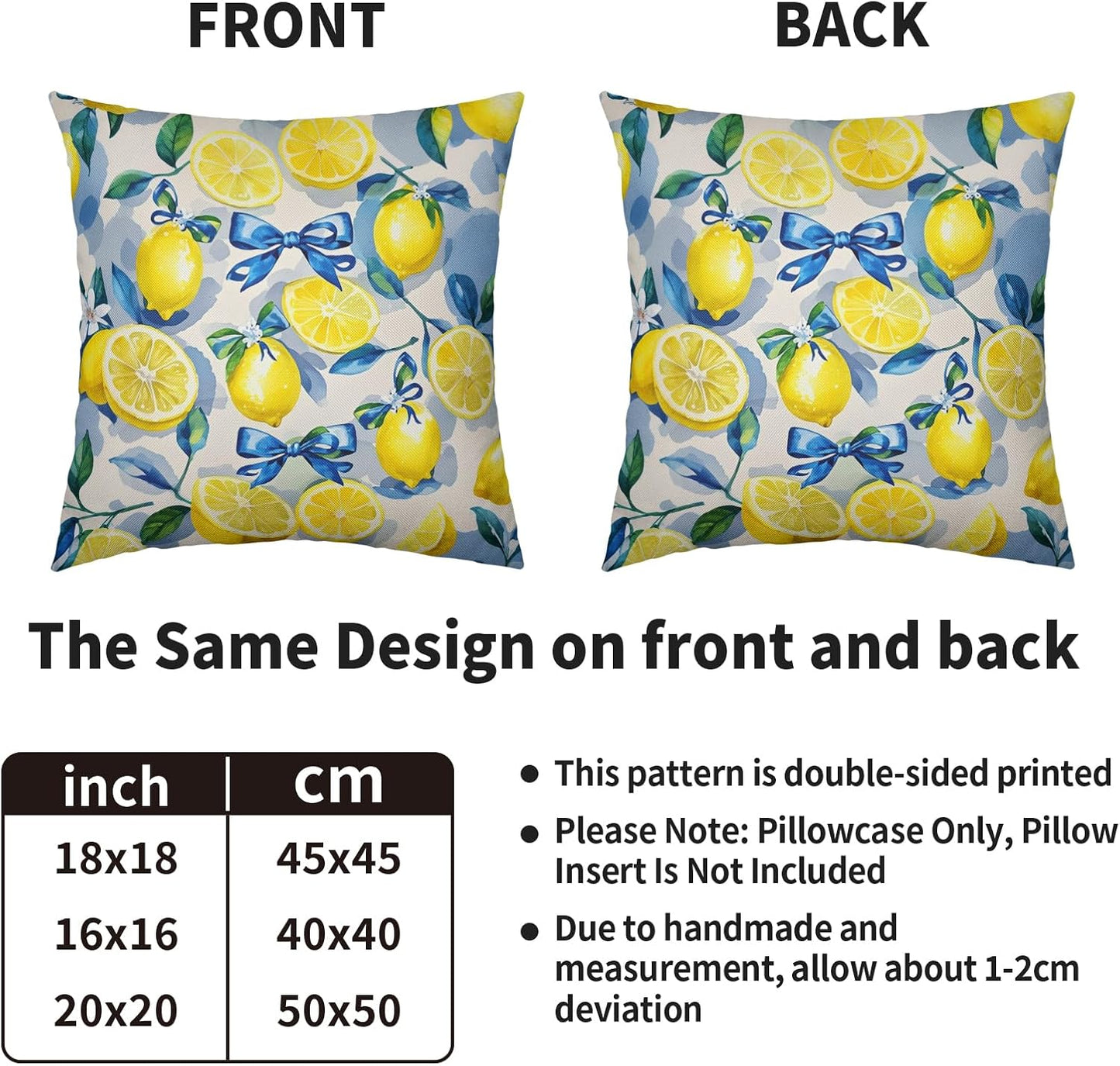 Yellow Lemon Pillow Covers 20X20 Set of 2, Blue Bow Floral Summer Theme Print Decorative Throw Pillowcases Outdoor Farmhouse Seasonal Cushion Cases Couch Sofa Bed Porch Decor