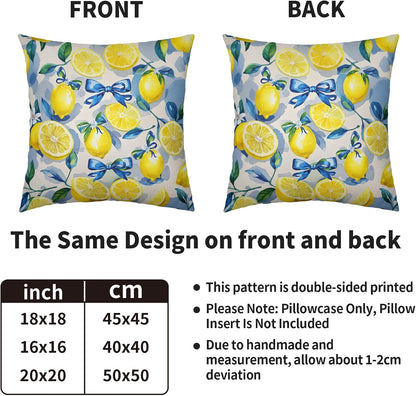 Yellow Lemon Pillow Covers 20X20 Set of 2, Blue Bow Floral Summer Theme Print Decorative Throw Pillowcases Outdoor Farmhouse Seasonal Cushion Cases Couch Sofa Bed Porch Decor