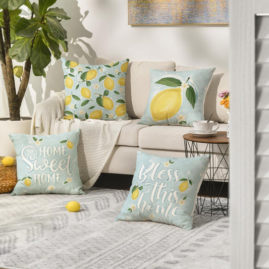 AVOIN colorlife Summer Home Sweet Home Lemon Floral Throw Pillow Covers, 18 x 18 Inch Bless This Home Holiday Seasonal Cushion Case Decorations Set of 4