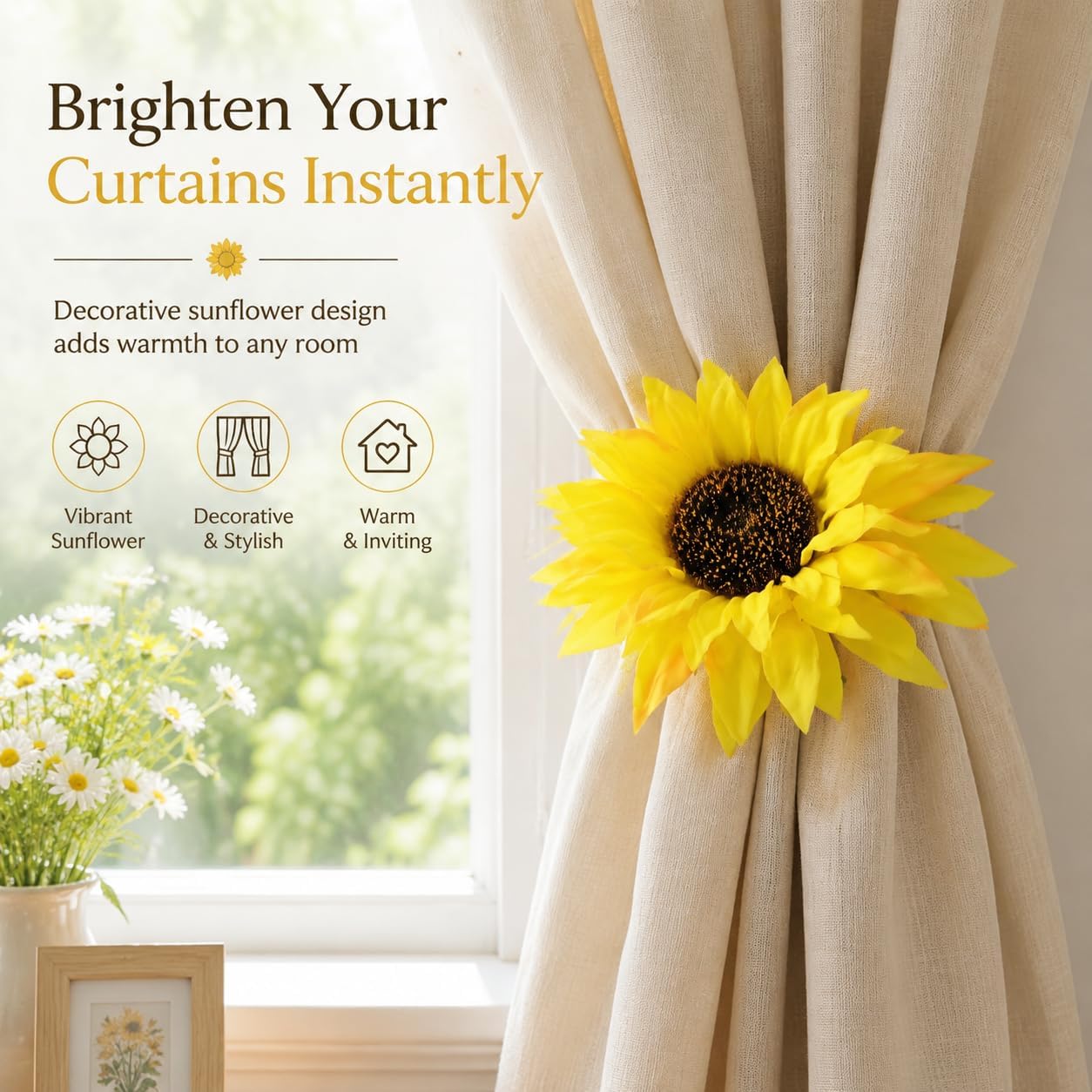2Pcs Sunflower Curtain Tiebacks Yellow Floral Decor for Farmhouse Bedroom Window Treatments Decorative Drapery Tie Up Hooks No Drill Holders for Boho Curtains