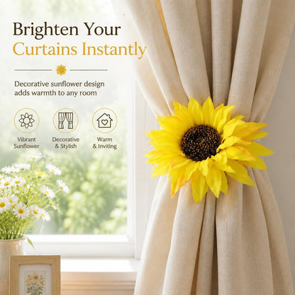 2Pcs Sunflower Curtain Tiebacks Yellow Floral Decor for Farmhouse Bedroom Window Treatments Decorative Drapery Tie Up Hooks No Drill Holders for Boho Curtains