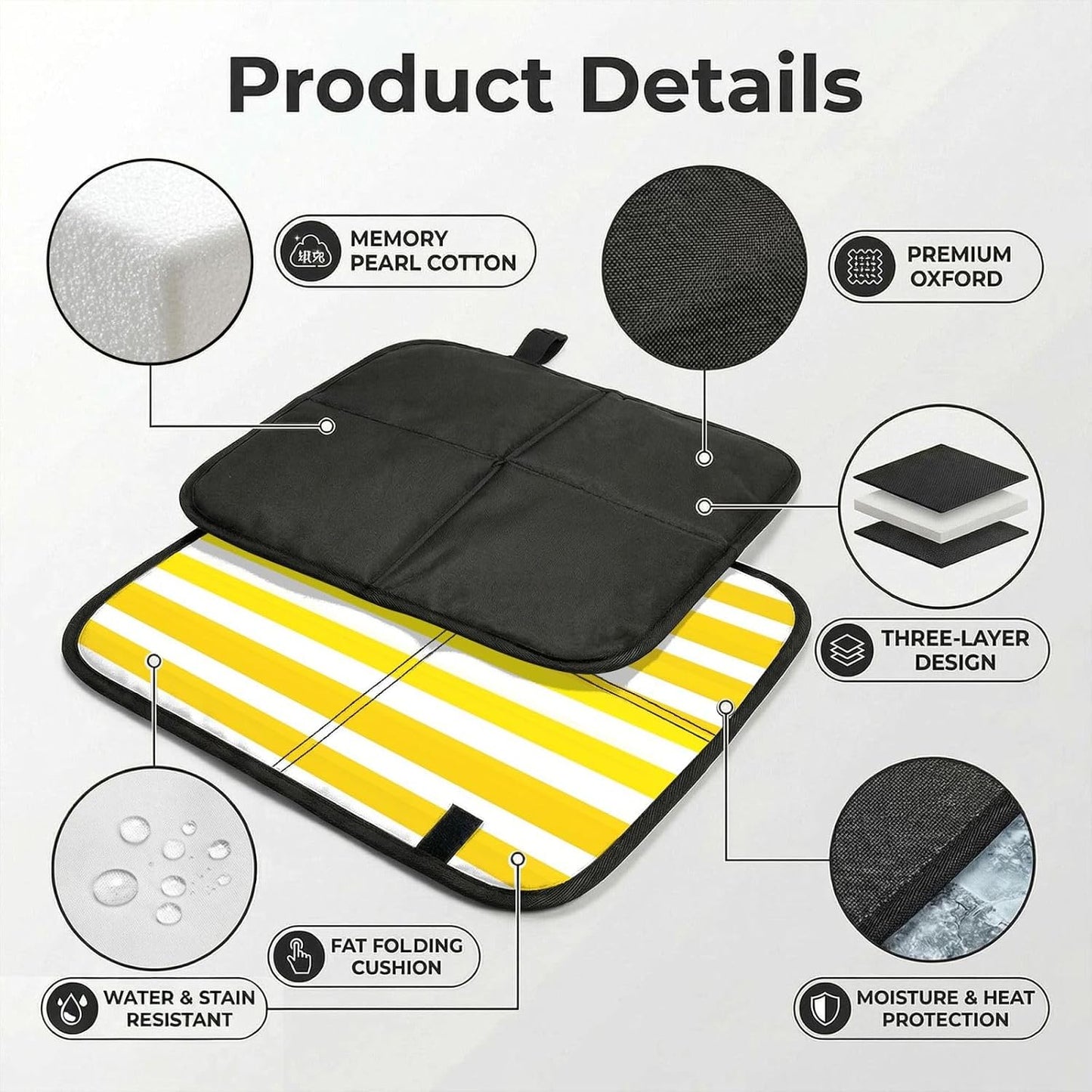 Lemon Zest Yellow Stripes Printed Bleacher Seat Cushion PE Foam Filling, Foldable Sitting Pad for Concert Stadium Events