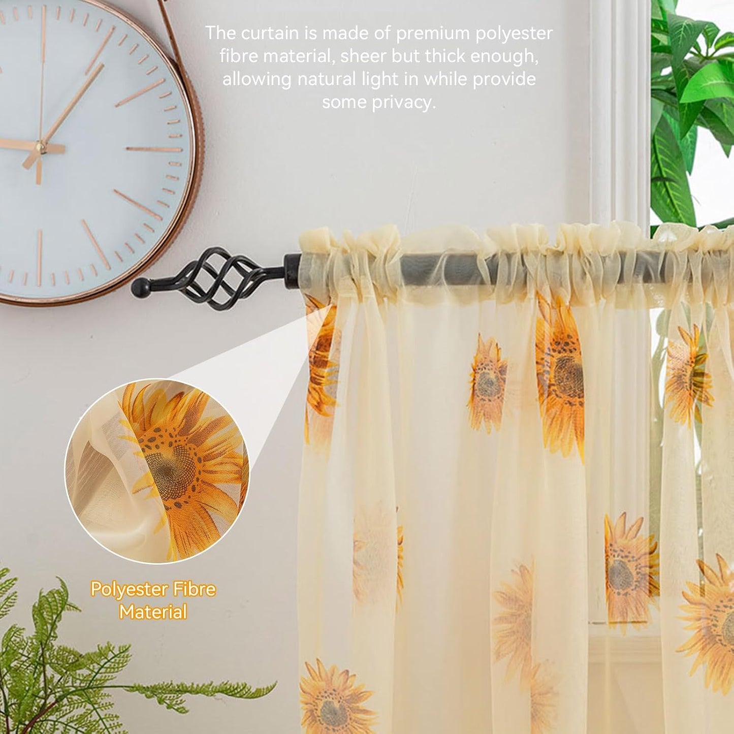 Sheer Curtains, 2PCS Sun Flower Floral Voile Sheer Curtain Soft Light Weight Window Panel 39x78in Sunflower Window Panel for Bedroom Living Room Kitchen Decor(Yellow)
