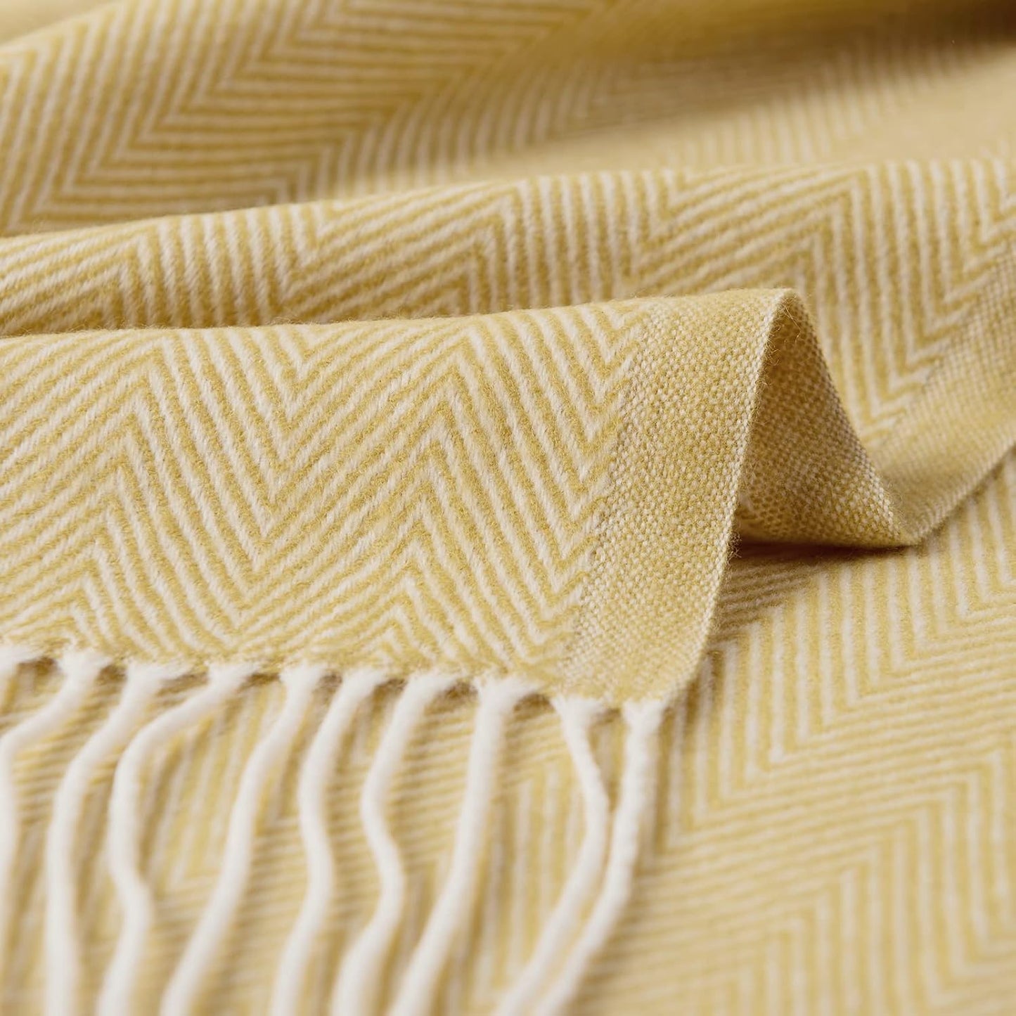 BOURINA Decorative Herringbone Faux Cashmere Fringe Throw Blanket Lightweight Soft Cozy for Bed or Sofa Farmhouse Outdoor Throw Blankets, 50" x 60", Light Yellow