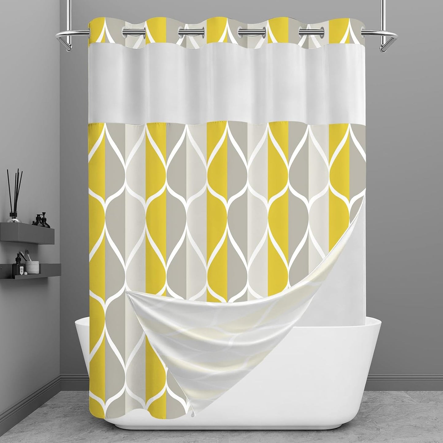 Yiatn Gray Yellow No Hook Shower Curtain with Liner Attached - Hotel Style with See Through Mesh Top Window, Modern Geometric Waterdrop Design,Waterproof and Washable, 71x74 INCH
