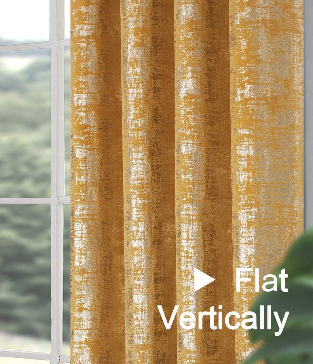 always4u Yellow Soft Velvet Curtains 108 Inch Length Long Luxury Bedroom Curtains Gold Foil Print Window Treatments for Living Room Set of 2