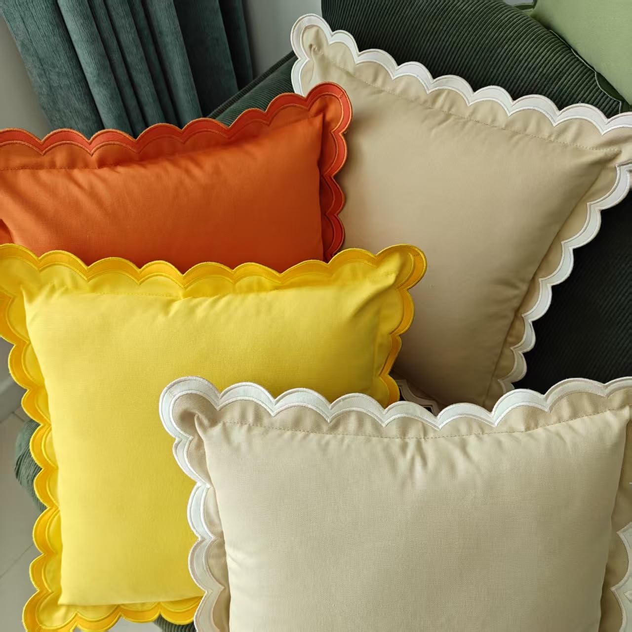 Scalloped Edge Embroidery Pillow Cover Set of 2 | Decorative Throw Pillow Covers | Boho-Chic Cushion Covers for Living Room (Yellow)