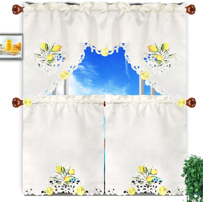 Embroidered Lemon Kitchen Window Curtain Swag and Tiers Set for Spring and Summer (Lemon)