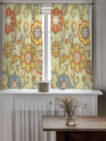 Yellow Green Boho Floral Sheer Tier Curtains 45 Inch Length, Retro Rustic Abstract Flowers Cafe Curtains Light Filtering, Sheer Voile Small Window Curtains 2 Panels, 27.5" x 45"