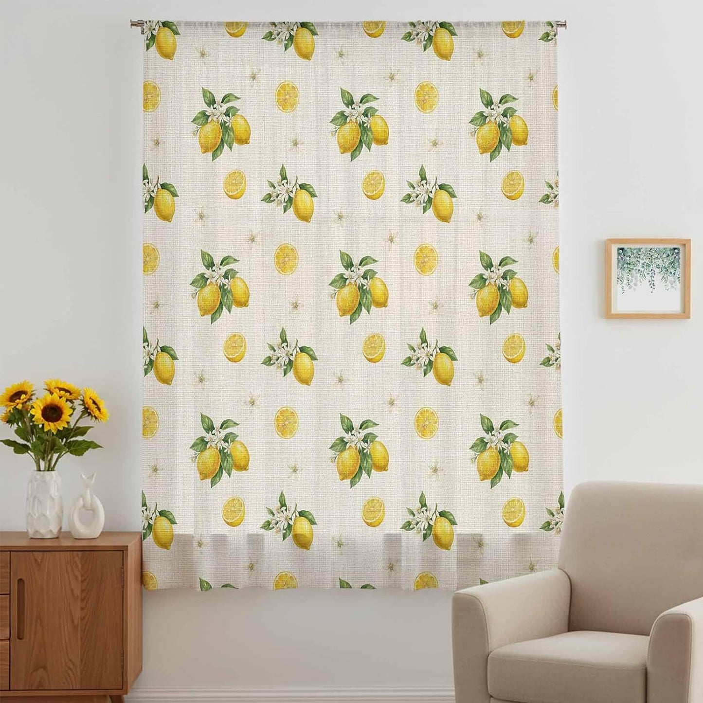Sheer Curtains 63 Inches Long for Living Room/Bedroom, Cute Lemon Summer Rod Pocket Voile Kitchen Curtains & Drapes Window Treatment 1 Panel, 52"W x 63"L Farmhouse Floral Retro Linen Texture