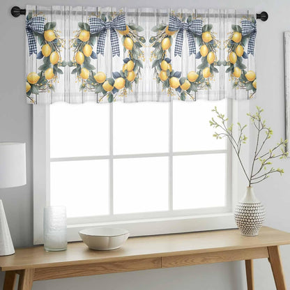 Farmhouse Style Sheer Curtain 18 Inch Long Lemon Garland Bow Wood Grain Light Filtering Rod Pocket Voile Curtain Valance for Bedroom Kitchen Cafe Window 54" W x 18" L