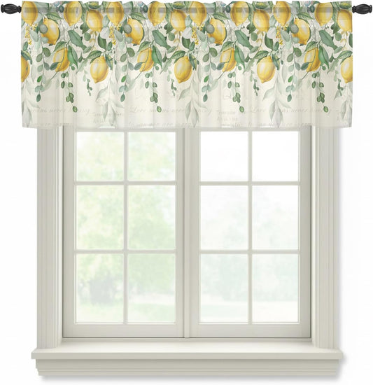 Eucalyptus Leaves Lemon Sheer Curtains Valances for Windows Summer Vintage Fruits Yellow Green Chiffon Kitchen Valances for Cafe, Voile Window Treatments Curtains for Living Room Bedroom, 54"x18"