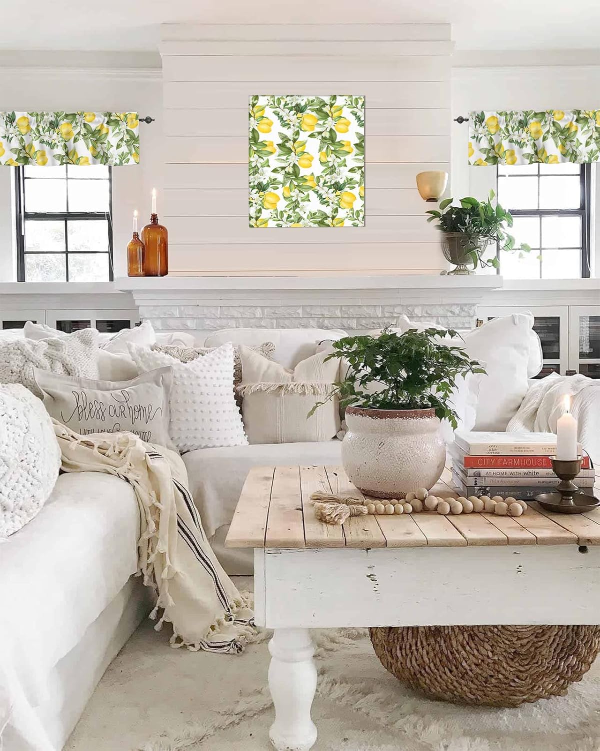 Nature Window Valance Flowering Lemon Woody Plant Romance Habitat Citrus Fresh Background Window Treatment Valances, Rod Pocket Curtain Valances for Kitchen Bedroom, 54" X 18", 1 Panel, Fern Green