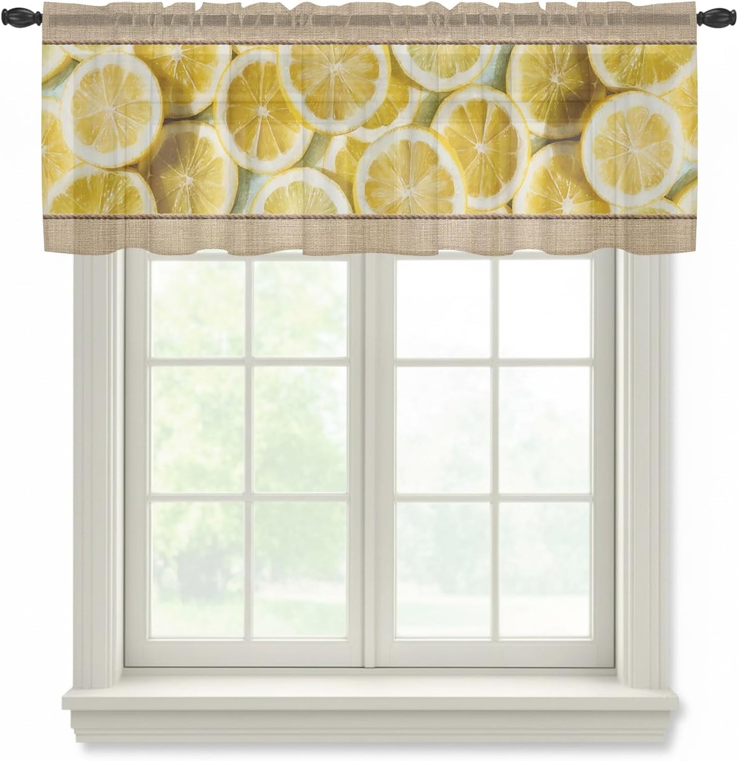 Farmhouse Lemons Sheer Curtains Valances for Windows Summer Country Yellow Fruits on Linen Chiffon Kitchen Valances for Cafe, Voile Window Treatments Curtains for Living Room Bedroom, 54"x18"
