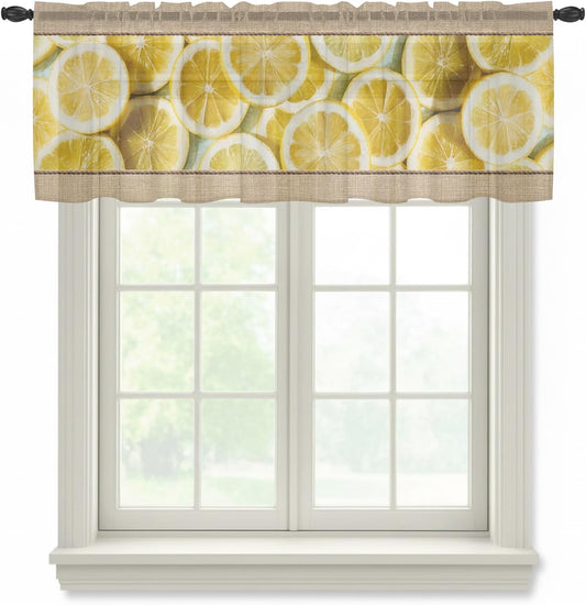 Farmhouse Lemons Sheer Curtains Valances for Windows Summer Country Yellow Fruits on Linen Chiffon Kitchen Valances for Cafe, Voile Window Treatments Curtains for Living Room Bedroom, 54"x18"