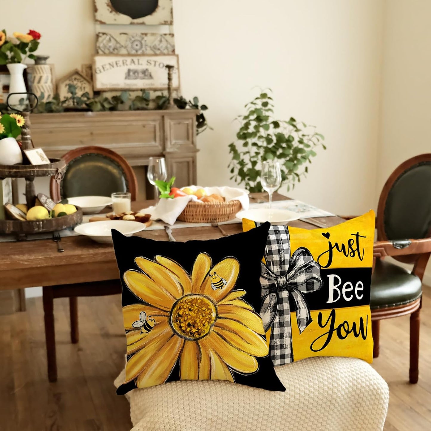 GEEORY Summer Pillow Covers 18x18 Inch Set of 4, Daisy Floral Bee Home Sweet Home Black Yellow Farmhouse Decorative Throw Pillowcases for Sofa G704-18