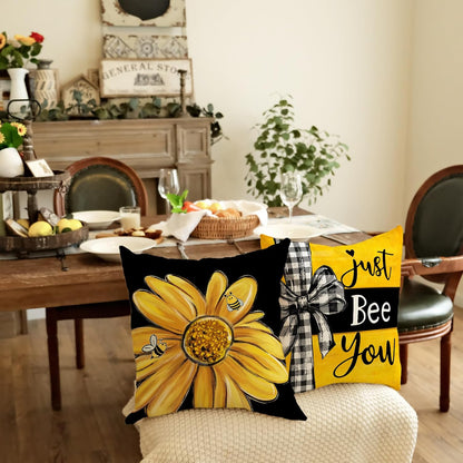 GEEORY Summer Pillow Covers 18x18 Inch Set of 4, Daisy Floral Bee Home Sweet Home Black Yellow Farmhouse Decorative Throw Pillowcases for Sofa G704-18