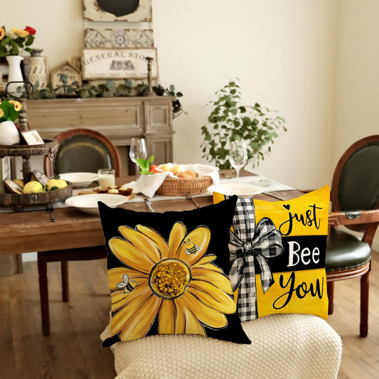 GEEORY Summer Pillow Covers 18x18 Inch Set of 4, Daisy Floral Bee Home Sweet Home Black Yellow Farmhouse Decorative Throw Pillowcases for Sofa G704-18