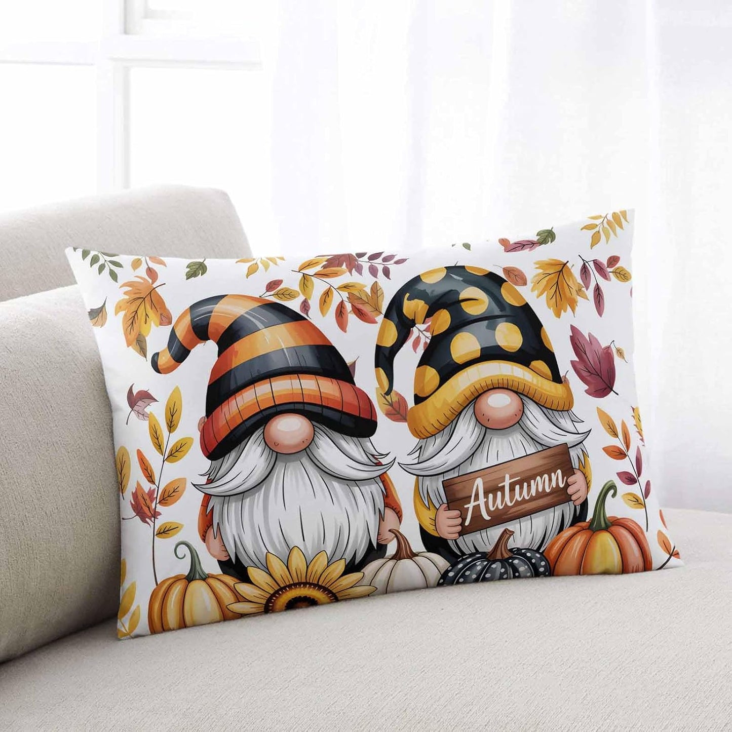 Yellow Orange Gnomes Fall Throw Pillow Cover 12x20,Pumpkins Thanksgiving Leaves Floral Decorative Reversible Pillowcase with Zipper for Sofa Couch Bed,Lightweight Pillow Sham Cushion Case Protectors