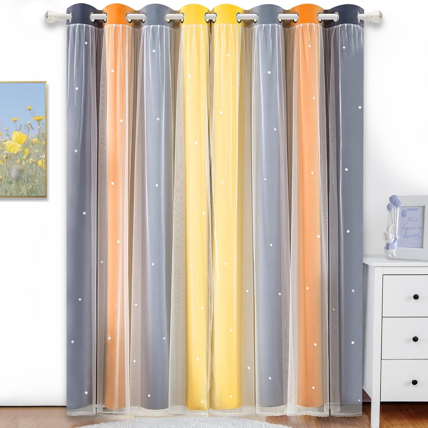 Nursery/Kids/Girls Room Star Cut Out Blackout Rainbow Curtain with Sheer Overlay 2 Panels, Each 52 inch Wide,108 inch Length with White Gauze,Ombre Stripe Rainbow Curtains (2 Pcs,52x108 Inch)