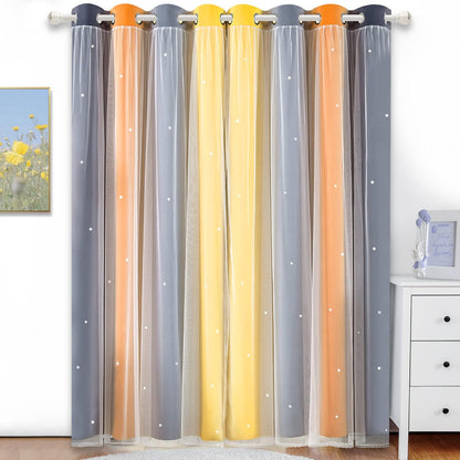 Nursery/Kids/Girls Room Star Cut Out Blackout Rainbow Curtain with Sheer Overlay 2 Panels, Each 52 inch Wide,108 inch Length with White Gauze,Ombre Stripe Rainbow Curtains (2 Pcs,52x108 Inch)