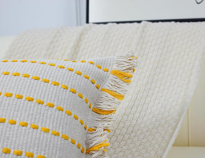 Decorative Farmhouse Fringed Long Lumbar Throw Pillow Cover 12 x 26,Clasic Striped Textured Cotton Boho Decor Long Lumbar Pillow Cover Pillow Case for Sofa Couch Bed,Yellow and Off White