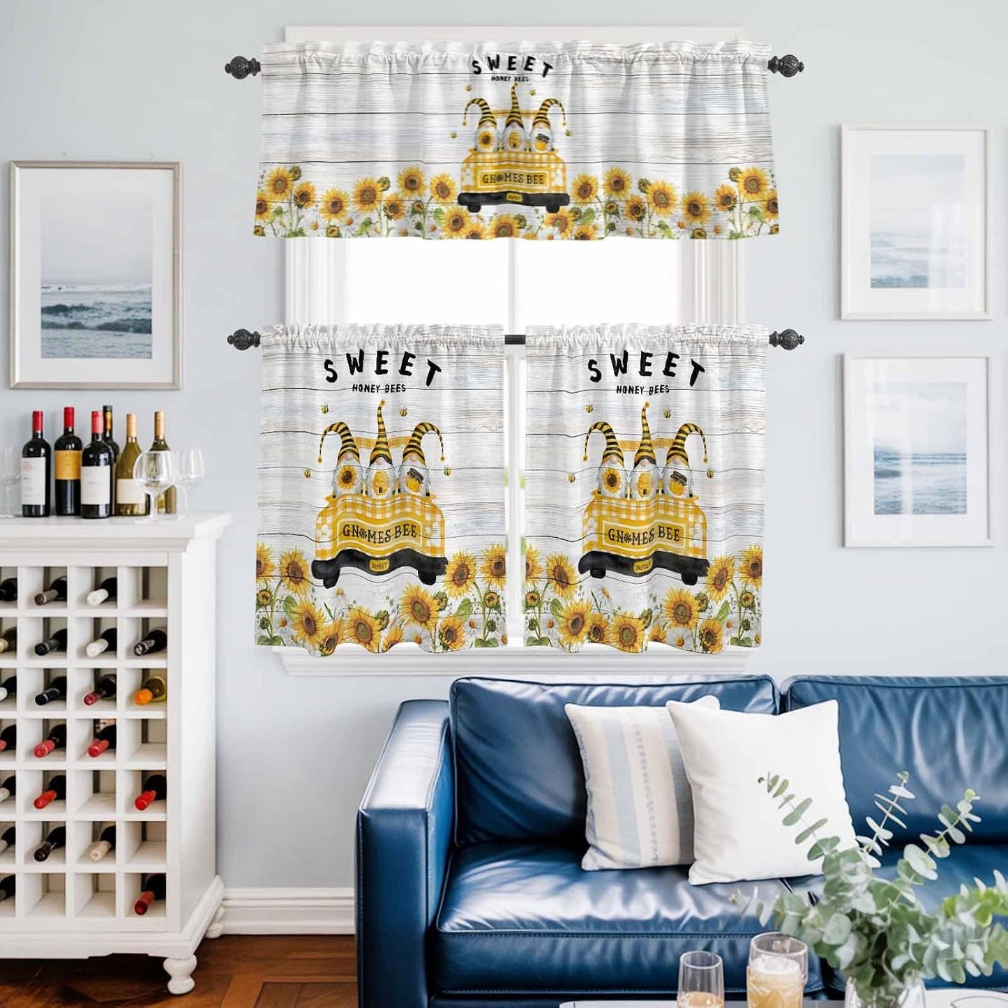 Gnomes Sunflowers Kitchen Curtains Set, Tier Curtain 36 Inches Length, Country Yellow Floral Bees Farmhouse Wooden Window Treatment Valance and Tiers Set Decor for Living Room/Bedroom